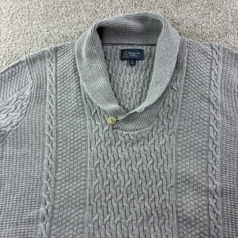 Wallin & Bros Mens XL Shawl Collar Cable Knit Sweater Grey Lambswool Career